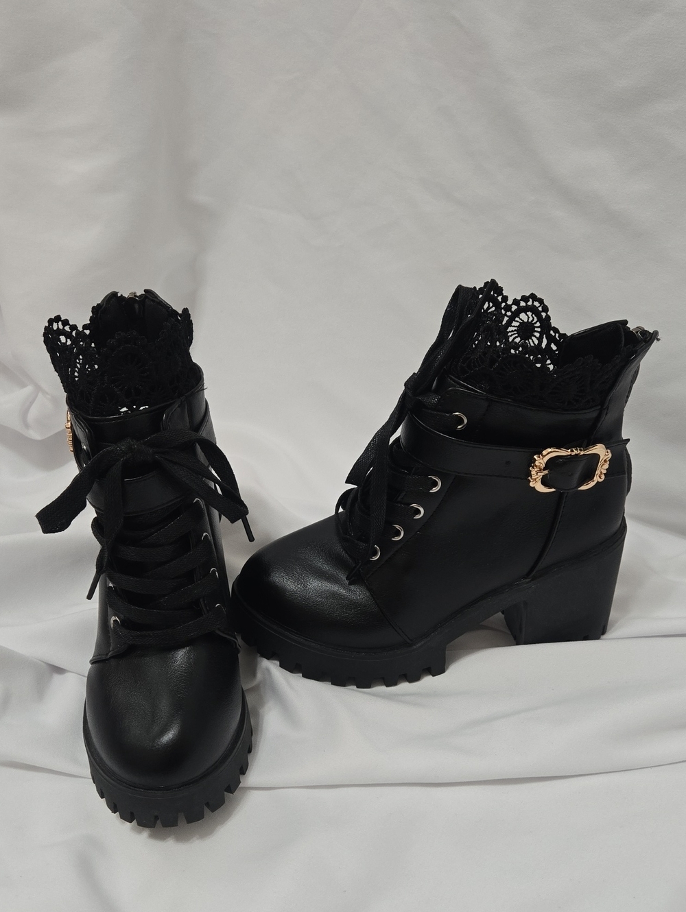 Black Lace-Trim Chunky Heel Ankle Boots